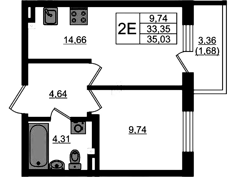 1-комнатная квартира 35.03 м², 2/4 эт., ЖК «Новая история»